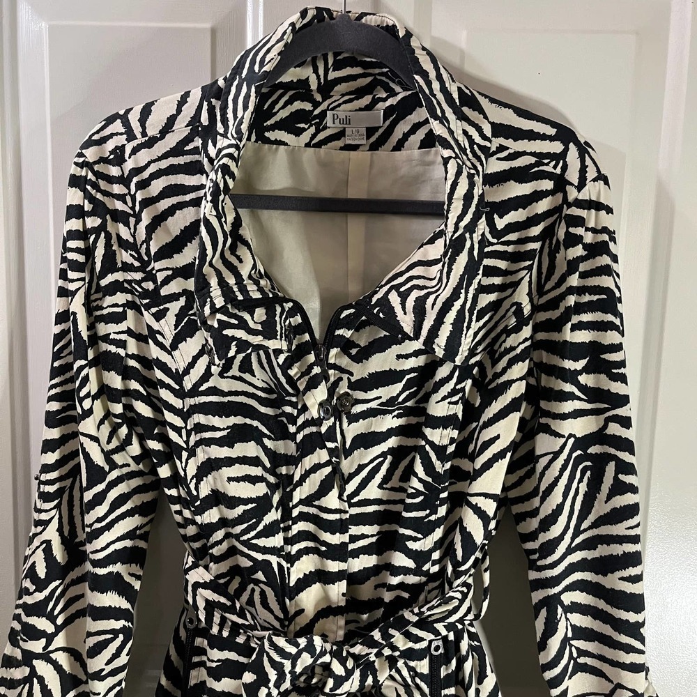 Puli SZ L Zebra Print Jacket Full Zip Rolled Collar Lightweight Snap Button - Picture 5 of 7